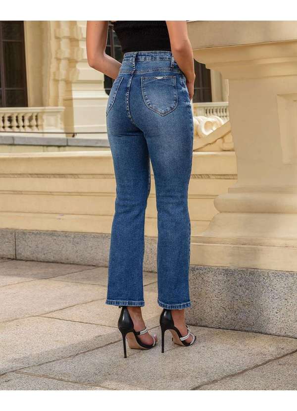 Consciência - Calca Jeans Feminina Cropped Flare Cintura Media com Elastano Azul 2