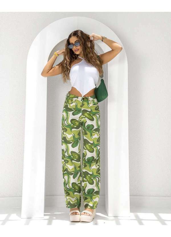 Consciência - Calca Jeans Feminina Estampada Wide Leg Cintura Alta Verde 1