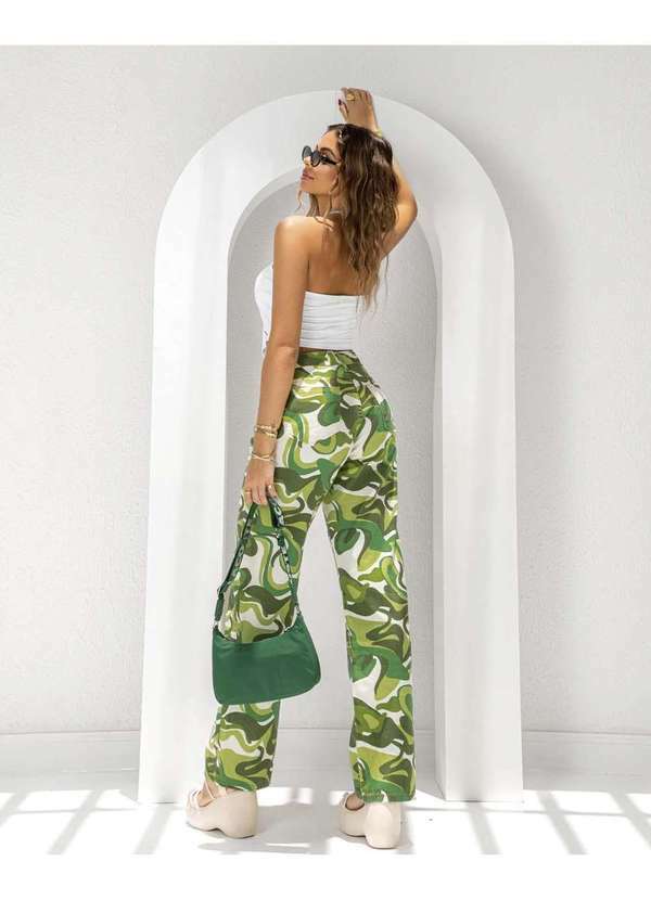 Consciência - Calca Jeans Feminina Estampada Wide Leg Cintura Alta Verde 2