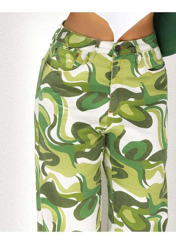Consciência - Calca Jeans Feminina Estampada Wide Leg Cintura Alta Verde 3