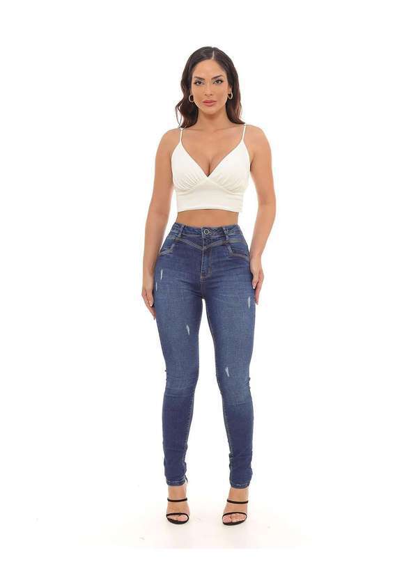 Consciência - Calca Jeans Feminina Hot Extreme Power com Recorte na Vista Azul
