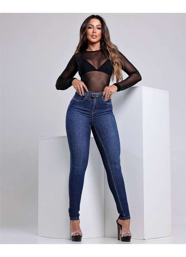 Calca Jeans Feminina Intermediaria com Cinto Embutido Azul
