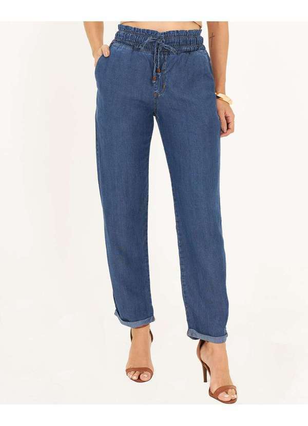 Consciência - Calca Jeans Feminina Jogger Escura Cordao e Elastico no Cos Azul 3