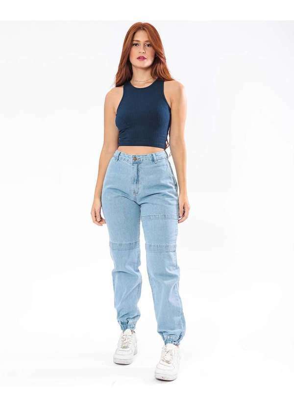 Consciência - Calca Jeans Feminina Jogging Clara com Recortes na Perna Azul