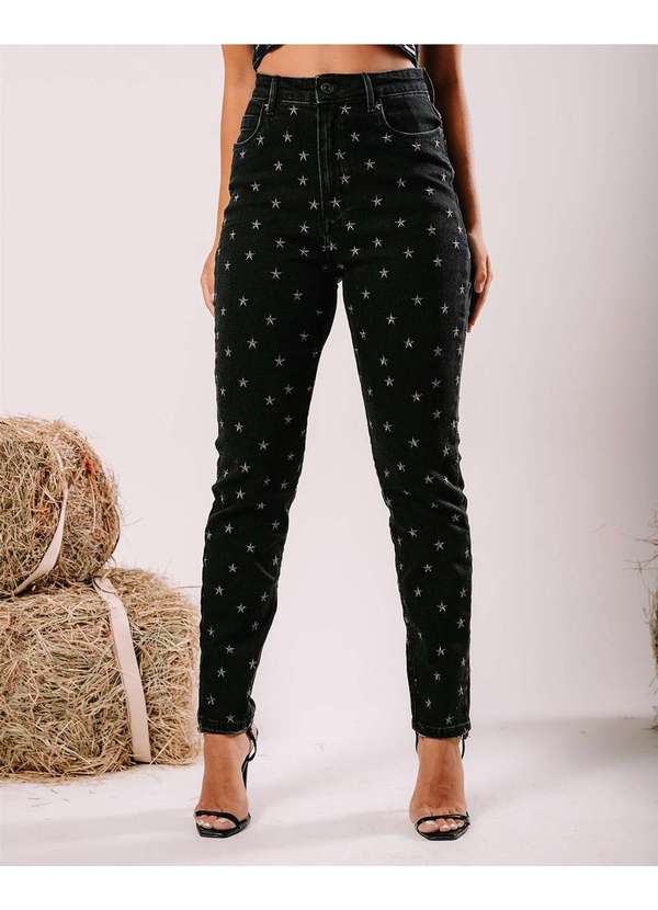 Consciência - Calca Jeans Feminina Mom Cintura Alta Bordada com Estrelas Preto 3