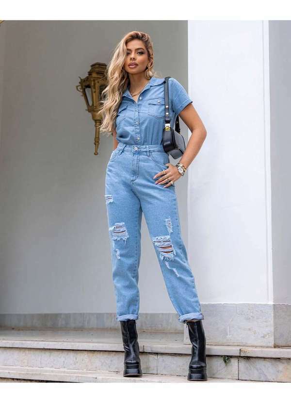 Consciência - Calca Jeans Feminina Mom Cintura Alta com Rasgos na Perna Azul