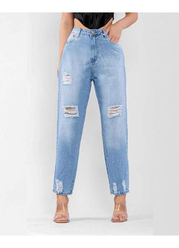 Consciência - Calca Jeans Feminina Mom Cintura Alta Rasgos no Joelho e Barra Azul 3