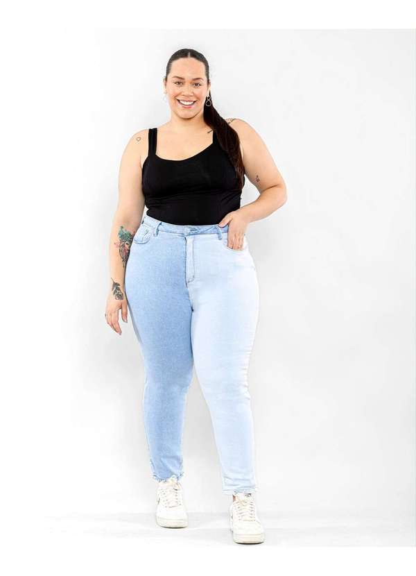 Consciência - Calca Jeans Feminina Mom Plus Size Bicolor Cintura Alta Azul