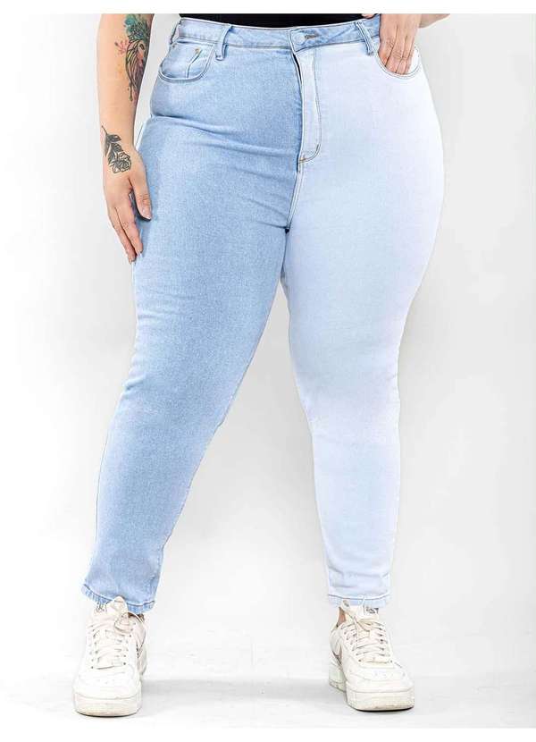 Consciência - Calca Jeans Feminina Mom Plus Size Bicolor Cintura Alta Azul 3