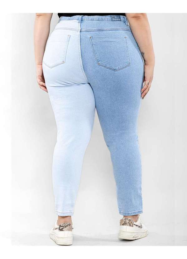 Consciência - Calca Jeans Feminina Mom Plus Size Bicolor Cintura Alta Azul 4