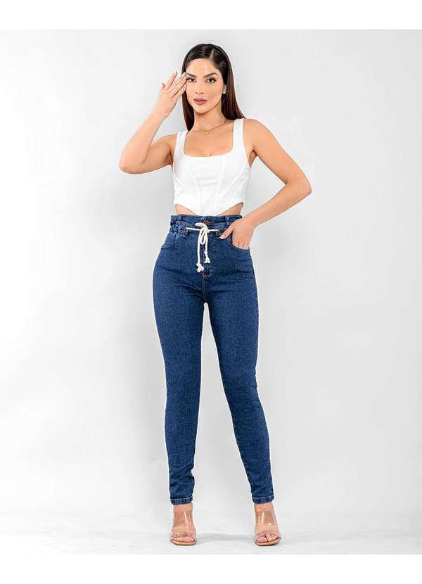 Consciência - Calca Jeans Feminina Mom Rope Cintura Alta com Elastano Azul 2