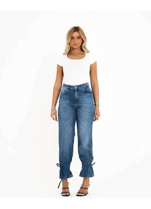 Consciência - Calca Jeans Feminina Reta Cintura Alta com Amarracao na Barra Azul
