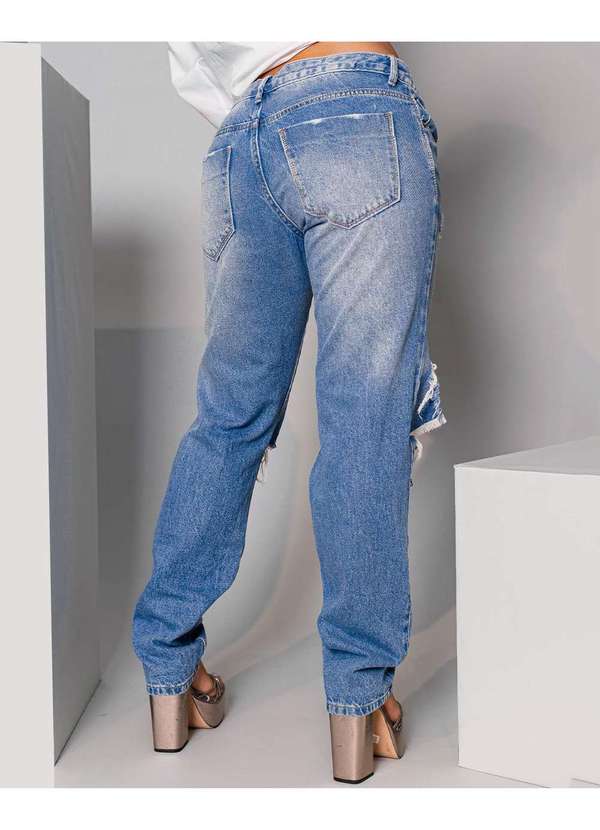 Consciência - Calca Jeans Feminina Reta Cintura Baixa Rasgada Azul 2