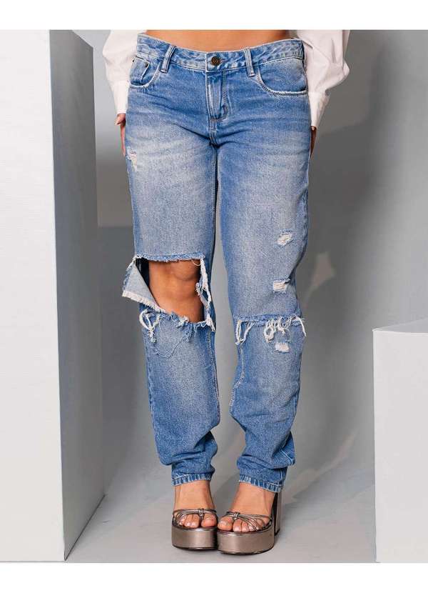 Consciência - Calca Jeans Feminina Reta Cintura Baixa Rasgada Azul 4