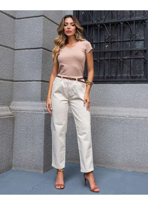 Consciência - Calca Jeans Feminina Reta Cos Revel e Cinto Caramelo Branco