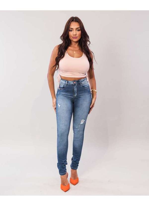Consciência - Calca Jeans Feminina Skinny Cintura Media com Puidos Azul