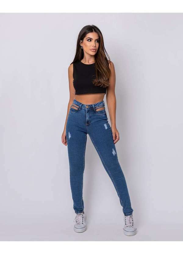 Consciência - Calca Jeans Feminina Skinny Intermediaria com Cut Out no Cos Azul