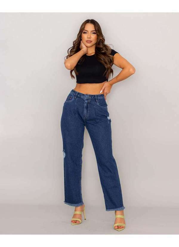Consciência - Calca Jeans Feminina Slouchy Rasgada com Barra Desfiada Azul