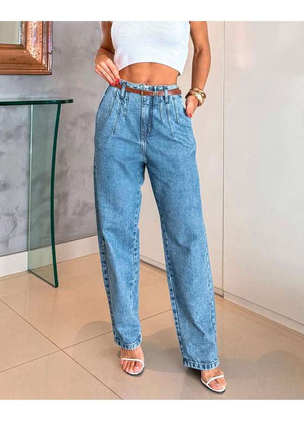 Consciência - Calca Jeans Feminina Straight Cos Revel e Cinto Pu Azul 3