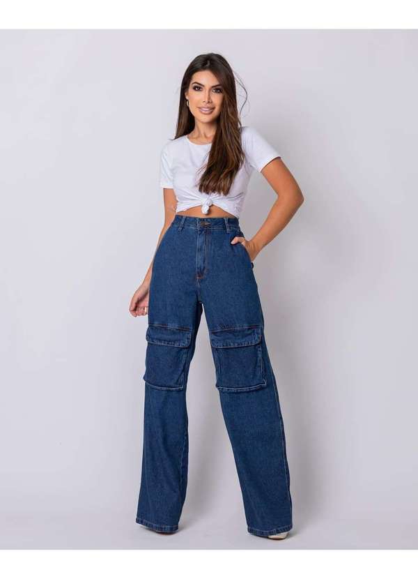 Consciência - Calca Jeans Feminina Wide Leg Bolsos Frontais Cintura Alta Azul
