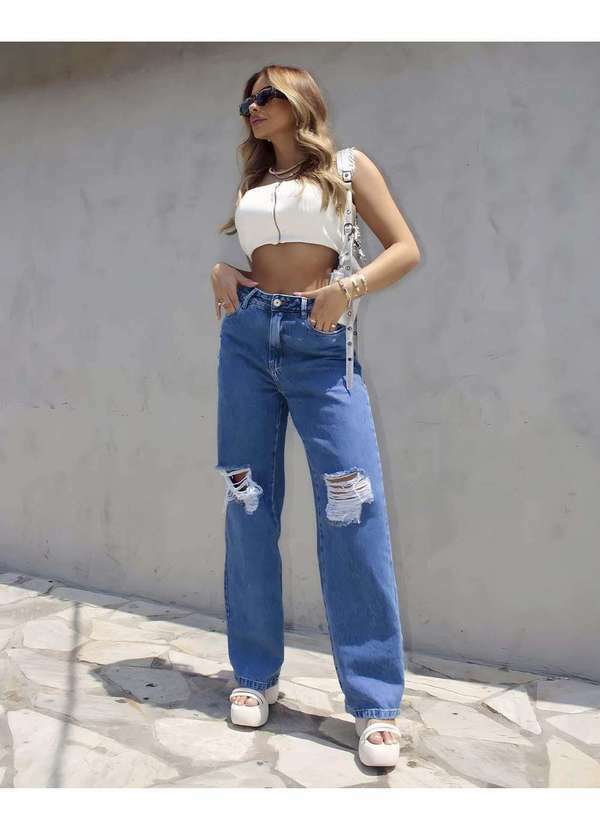 Consciência - Calca Jeans Feminina Wide Leg com Rasgos e Puidos Azul