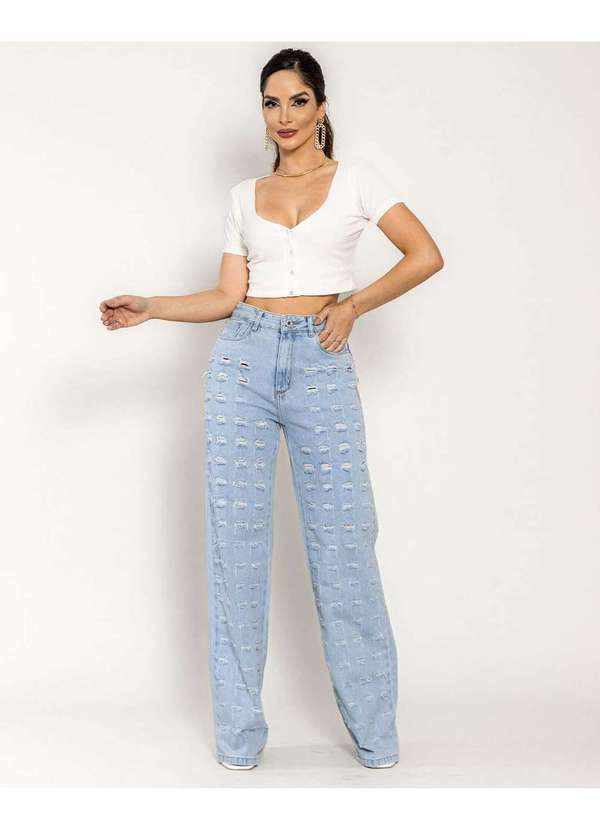 Consciência - Calca Jeans Feminina Wide Leg com Rasgos Frontal Azul