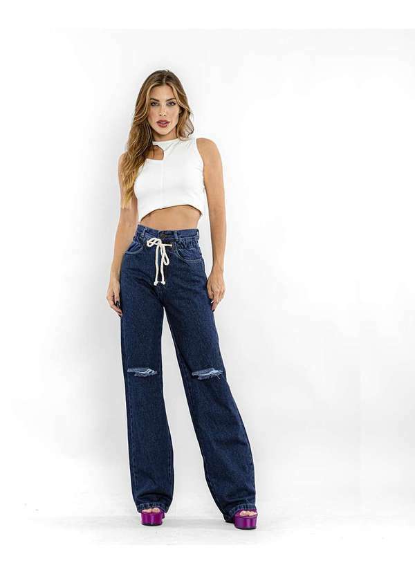 Consciência - Calca Jeans Feminina Wide Leg Rope com Rasgo no Joelho Azul