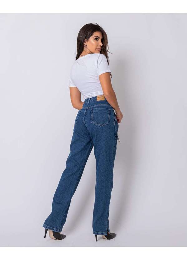 Consciência - Calca Jeans Feminina Wide Loose Cintura Alta Carpinteiro Azul 2