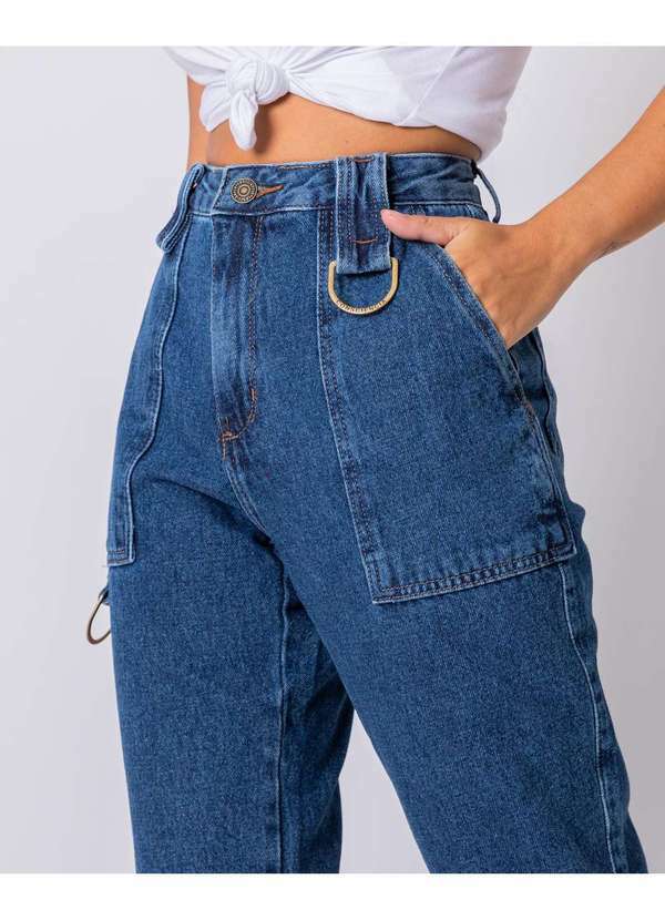 Consciência - Calca Jeans Feminina Wide Loose Cintura Alta Carpinteiro Azul 3