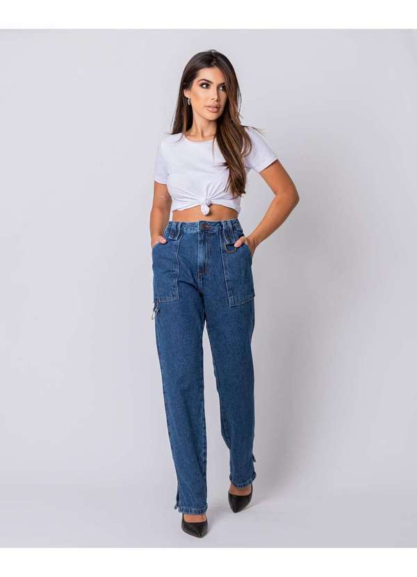 Consciência - Calca Jeans Feminina Wide Loose Cintura Alta Carpinteiro Azul 4