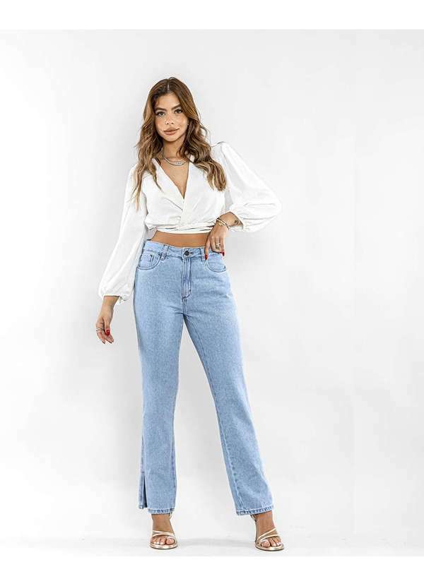 Consciência - Calca Jeans Feminina Wide Loose com Abertura Lateral na Barra Azul