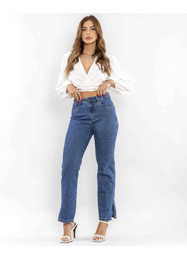 Consciência - Calca Jeans Feminina Wide Loose com Abertura Lateral na Barra Azul