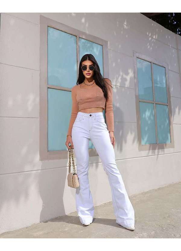 Calca Jeans Flare Feminina Branca Cintura Alta Basica Azul