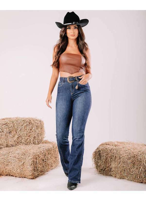 Consciência - Calca Jeans Flare Feminina Cintura Media com Cinto Azul