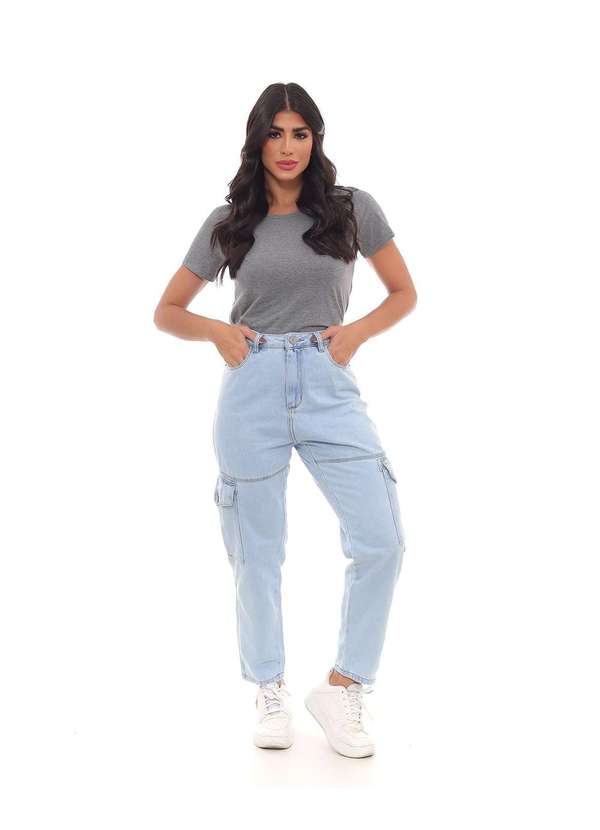 Consciência Calca Jeans Mom Cargo Feminina Cintura Alta Recorte na Perna  Azul
