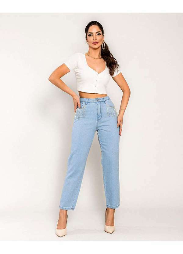 Consciência - Calca Jeans Mom Feminina Cintura Alta Aplicacao nos Bolsos Azul
