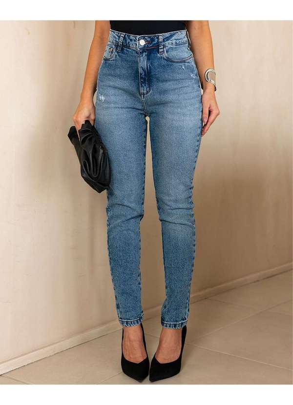 Consciência - Calca Jeans Mom Feminina Cintura Alta Basica com Elastano Azul 3
