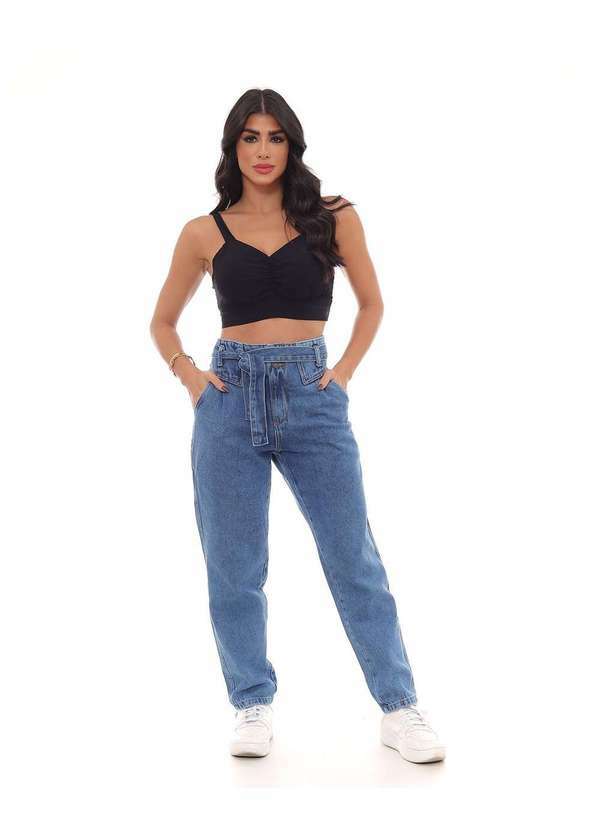 Consciência - Calca Jeans Mom Feminina Cintura Alta Botao Duplo com Cinto Azul