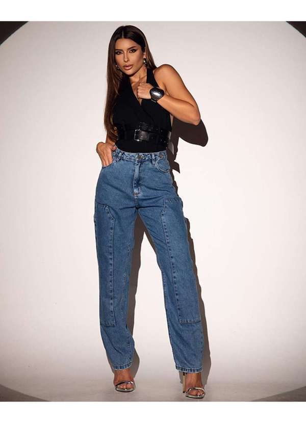 Consciência - Calca Jeans Mom Feminina Cintura Alta Carpinteiro Azul