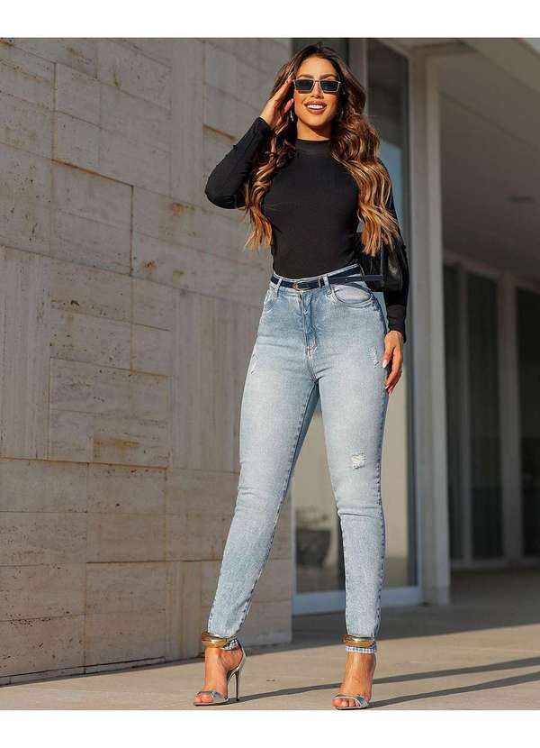 Consciência - Calca Jeans Mom Feminina Cintura Alta com Cinto Azul