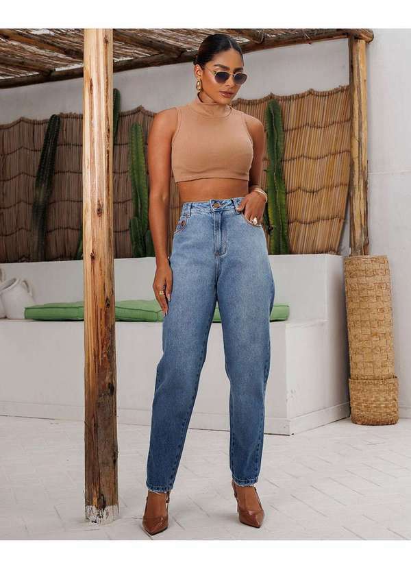 Consciência - Calca Jeans Mom Feminina Cintura Alta Detalhe Costura Azul