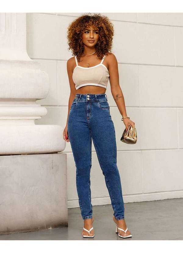 Consciência Calca Jeans Mom Feminina Cintura Alta Detalhe de Fivela Azul