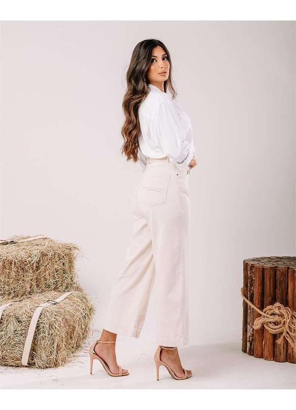 Consciência - Calca Jeans Off Pantacourt Feminina Cintura Alta com Cinto Branco 2