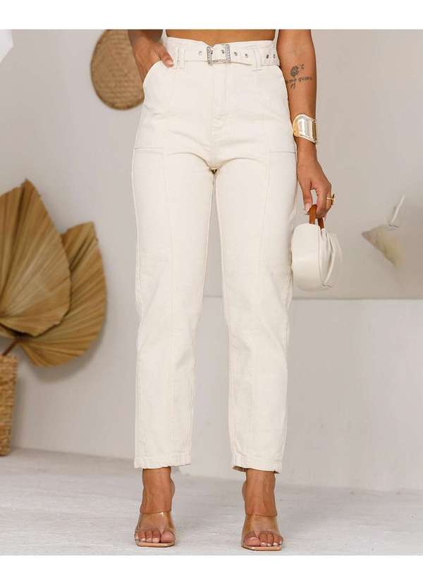 Consciência - Calca Jeans Off White Mom Feminina Cintura Alta com Cinto Branco 3