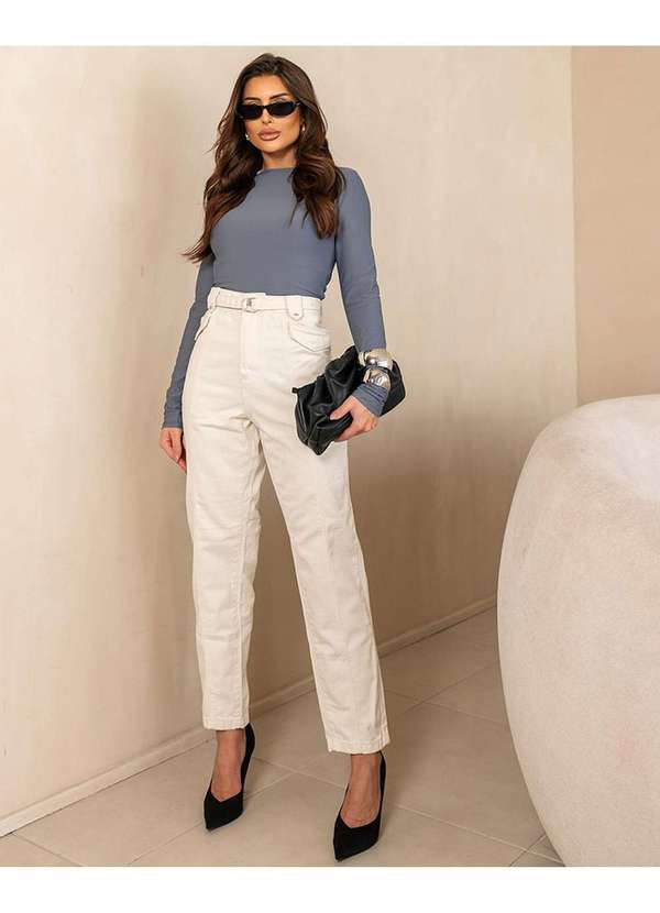 Consciência - Calca Jeans Off White Straight Feminina Cintura Alta com Cinto Branco