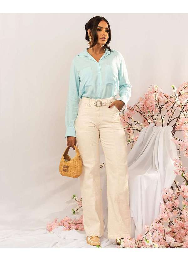 Consciência - Calca Jeans Off Wide Leg Feminina Cintura Alta com Cinto Branco