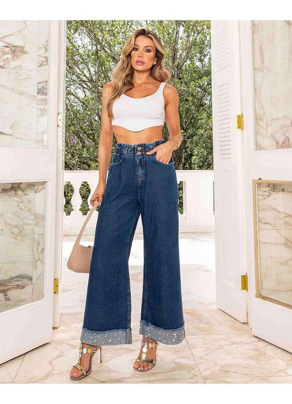 Consciência - Calca Jeans Pantacourt Clochard Cintura Alta Barra Aplicacao Azul