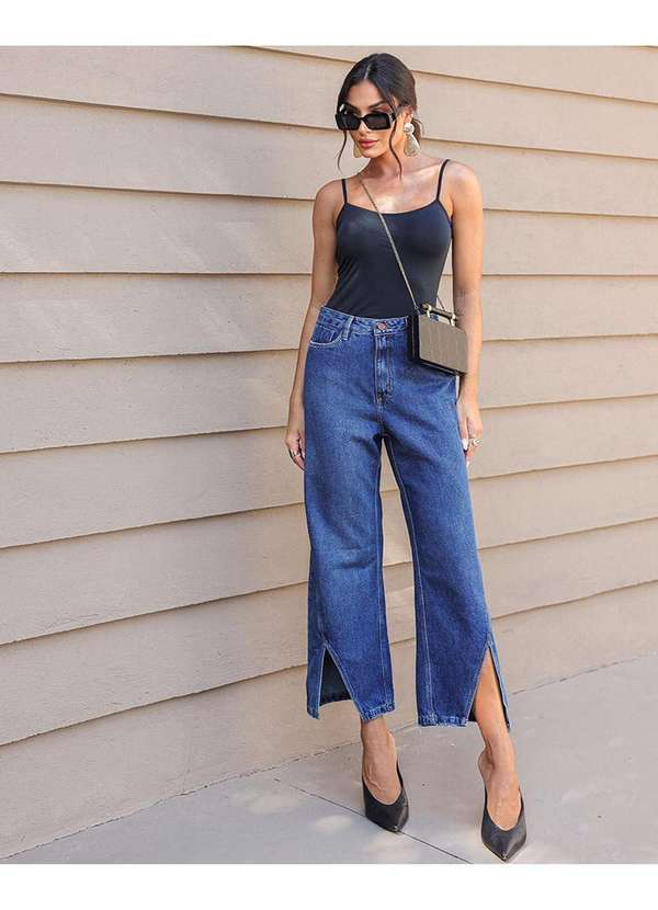 Consciência - Calca Jeans Pantacourt Feminina Cintura Alta Abertura na Barra Azul