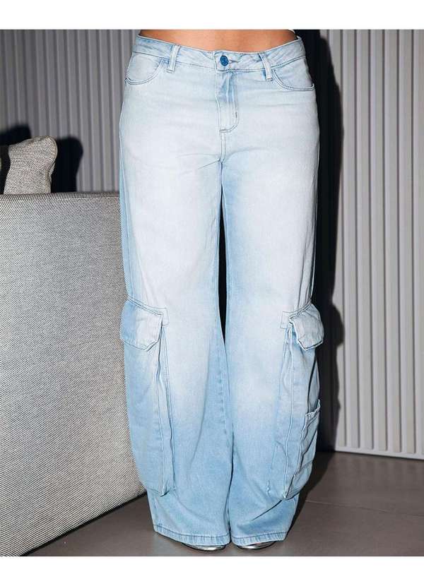 Consciência - Calca Jeans Relaxed Cargo Feminina Cintura Media Bolsos Azul 3