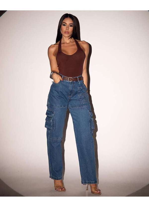 Consciência - Calca Jeans Reta Cargo Feminina Cintura Alta Utilitaria Azul